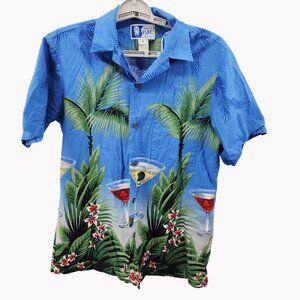 RJC Hawaii Mens Small Hawaiian Shirt Blue Tropical Margarita Palm Print